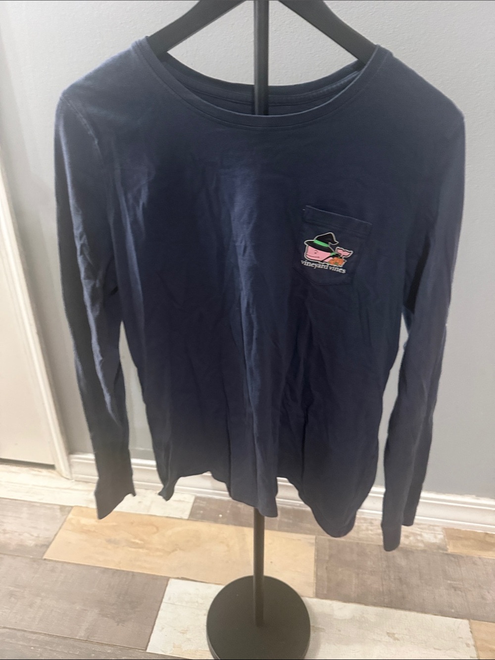 Vineyard Vines Navy Long-Sleeve Pocket Tee with Pink Whale Patch